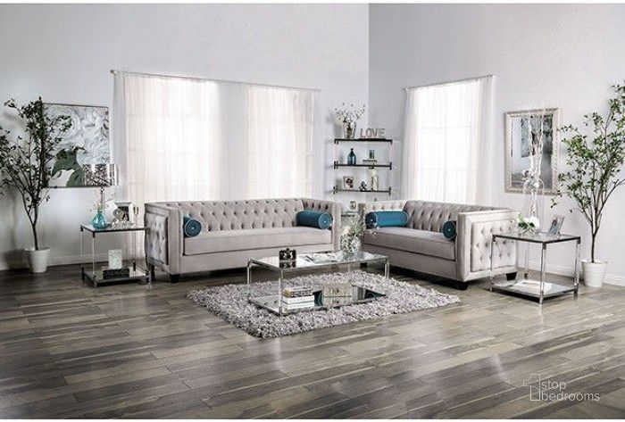 The appearance of Silvan Gray Living Room Set designed by Furniture of America in the transitional interior design. This gray piece of furniture  was selected by 1StopBedrooms from Silvan Collection to add a touch of cosiness and style into your home. Sku: SM2283-SF;SM2283-LV. Product Type: Living Room Set. Material: Velvet. Image1