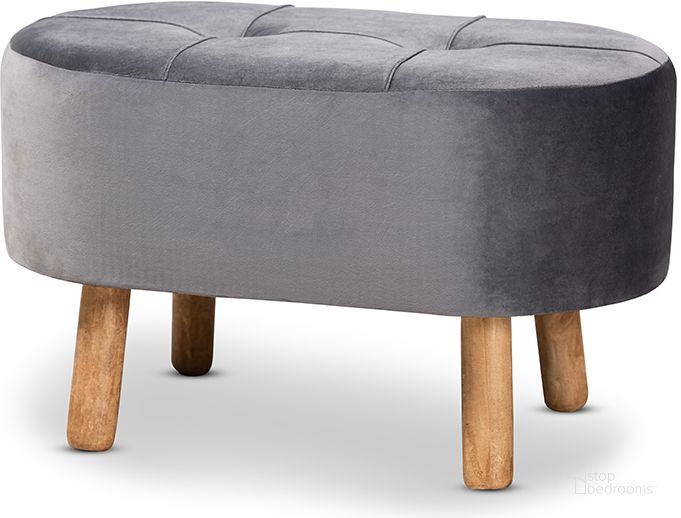 The appearance of Simone Mid-Century Modern Grey Velvet Fabric Upholstered Wood Ottoman designed by Baxton Studio in the transitional interior design. This grey piece of furniture  was selected by 1StopBedrooms from Simone Collection to add a touch of cosiness and style into your home. Sku: JY19A222-Grey/Natural-Otto. Product Type: Ottoman. Material: MDF. Image1