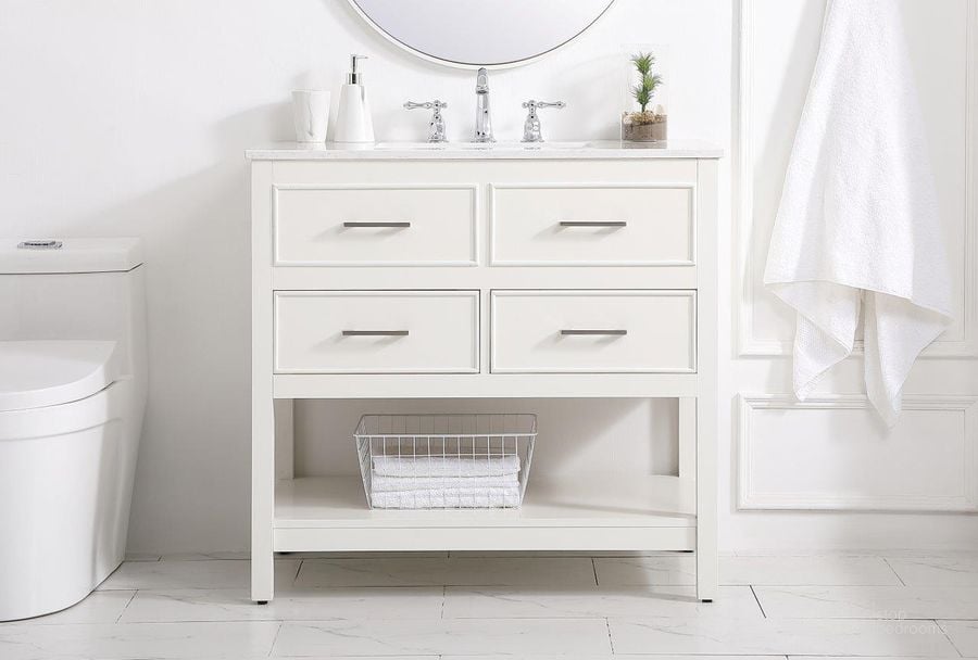 The appearance of Sinclaire 36 Inch Single Bathroom Vanity In White designed by Elegant Lighting in the traditional interior design. This white piece of furniture  was selected by 1StopBedrooms from Sinclaire Collection to add a touch of cosiness and style into your home. Sku: VF19036WH. Material: MDF. Product Type: Bathroom Vanity. Image1