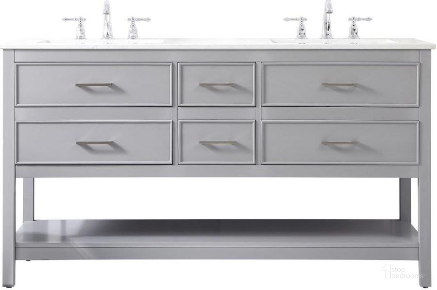 The appearance of Sinclaire 60 Inch Double Bathroom Vanity In Gray designed by Elegant Lighting in the traditional interior design. This gray piece of furniture  was selected by 1StopBedrooms from Sinclaire Collection to add a touch of cosiness and style into your home. Sku: VF19060DGR. Material: MDF. Product Type: Bathroom Vanity. Image1