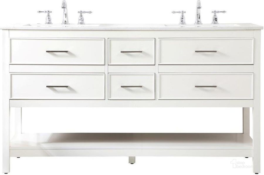 The appearance of Sinclaire 60 Inch Double Bathroom Vanity In White designed by Elegant Lighting in the traditional interior design. This white piece of furniture  was selected by 1StopBedrooms from Sinclaire Collection to add a touch of cosiness and style into your home. Sku: VF19060DWH. Material: MDF. Product Type: Bathroom Vanity. Image1
