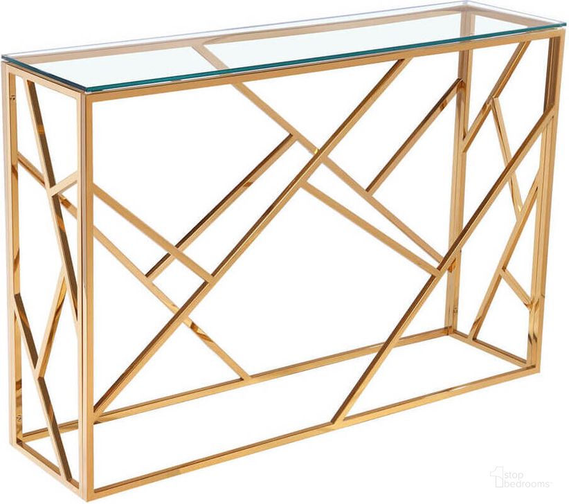 The appearance of Siren Gold Console Table designed by Uptown Club in the modern / contemporary interior design. This gold piece of furniture  was selected by 1StopBedrooms from Siren Collection to add a touch of cosiness and style into your home. Sku: GM1202. Product Type: Console Table. Material: Stainless Steel. Image1