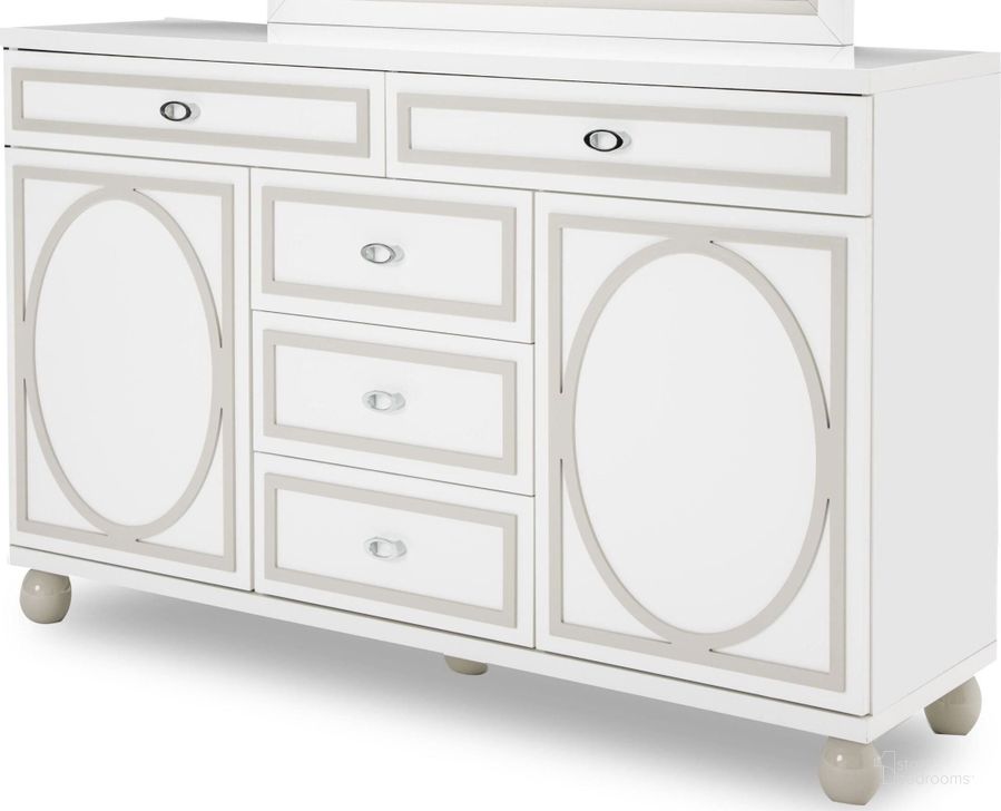 The appearance of Sky Tower White Cloud Dresser designed by AICO in the transitional interior design. This white piece of furniture  was selected by 1StopBedrooms from Sky Tower Collection to add a touch of cosiness and style into your home. Sku: 9025650-108. Material: Wood. Product Type: Dresser. Image1