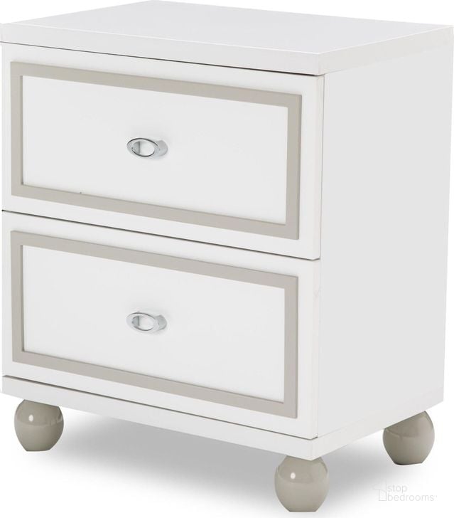 The appearance of Sky Tower White Cloud Nightstand designed by AICO in the transitional interior design. This white piece of furniture  was selected by 1StopBedrooms from Sky Tower Collection to add a touch of cosiness and style into your home. Sku: 9025640-108. Material: Wood. Product Type: Nightstand. Image1