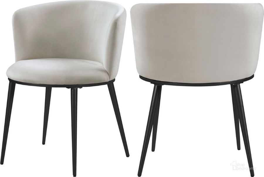 The appearance of Skylar Cream Velvet Dining Chair 966Cream-C Set of 2 designed by Meridian in the modern / contemporary interior design. This cream velvet piece of furniture  was selected by 1StopBedrooms from Skylar Collection to add a touch of cosiness and style into your home. Sku: 966Cream-C. Product Type: Dining Chair. Material: Velvet. Image1