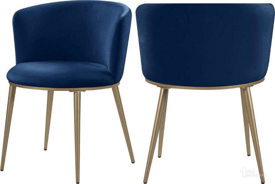 The appearance of Skylar Navy Velvet Dining Chair Set of 2 designed by Meridian in the modern / contemporary interior design. This navy velvet piece of furniture  was selected by 1StopBedrooms from Skylar Collection to add a touch of cosiness and style into your home. Sku: 965Navy-C. Product Type: Dining Chair. Material: Velvet. Image1