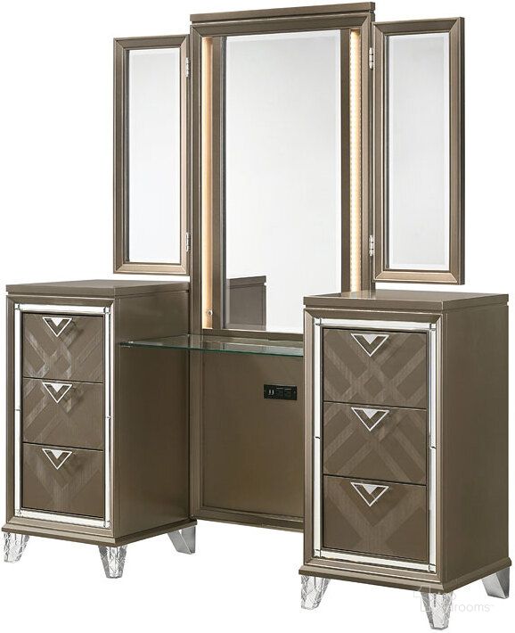 The appearance of Skylar Vanity Desk w/ Mirror designed by ACME in the modern / contemporary interior design. This champagne piece of furniture  was selected by 1StopBedrooms from Skylar Collection to add a touch of cosiness and style into your home. Sku: 25327L;25328R;25329MR. Material: Wood. Product Type: Bedroom Vanity. Image1