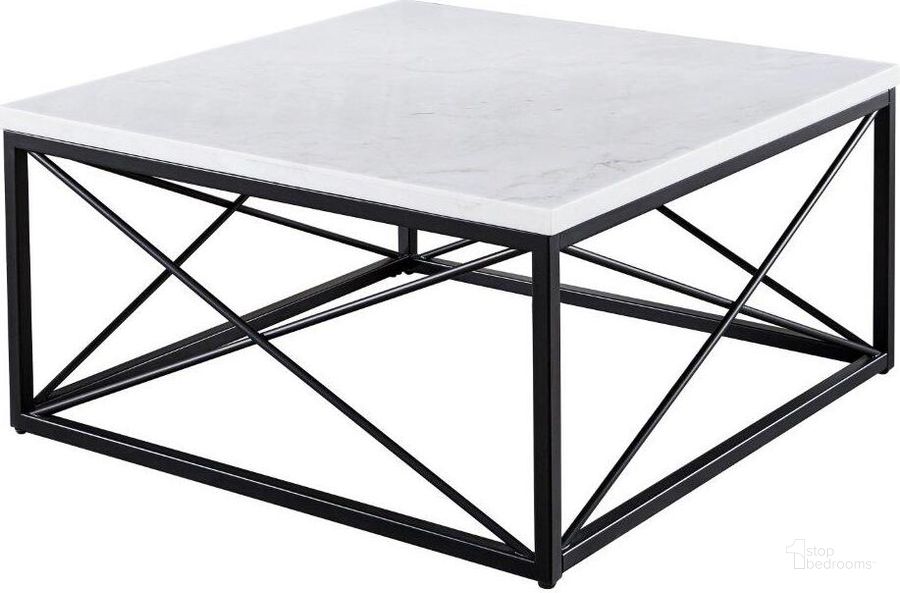 The appearance of Skyler White Marble Top Square Cocktail Table designed by Steve Silver in the transitional interior design. This black piece of furniture  was selected by 1StopBedrooms from Skyler Collection to add a touch of cosiness and style into your home. Sku: SK200C. Product Type: Cocktail Table. Material: Iron. Image1