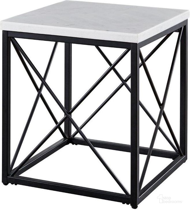 The appearance of Skyler White Marble Top Square End Table designed by Steve Silver in the transitional interior design. This black piece of furniture  was selected by 1StopBedrooms from Skyler Collection to add a touch of cosiness and style into your home. Sku: SK200E. Product Type: End Table. Material: Iron. Image1