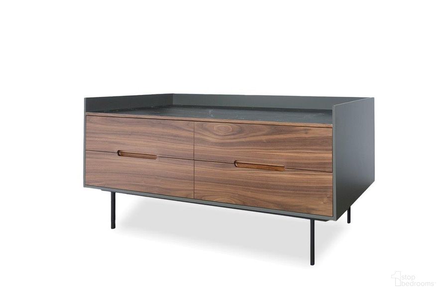 The appearance of Slater Grey Walnut And Black Ceramic Top Double Dresser designed by Mobital in the modern / contemporary interior design. This grey and walnut piece of furniture  was selected by 1StopBedrooms from Slater Collection to add a touch of cosiness and style into your home. Sku: DRE-SLAT-WALN-PCBLA. Material: Wood. Product Type: Dresser. Image1