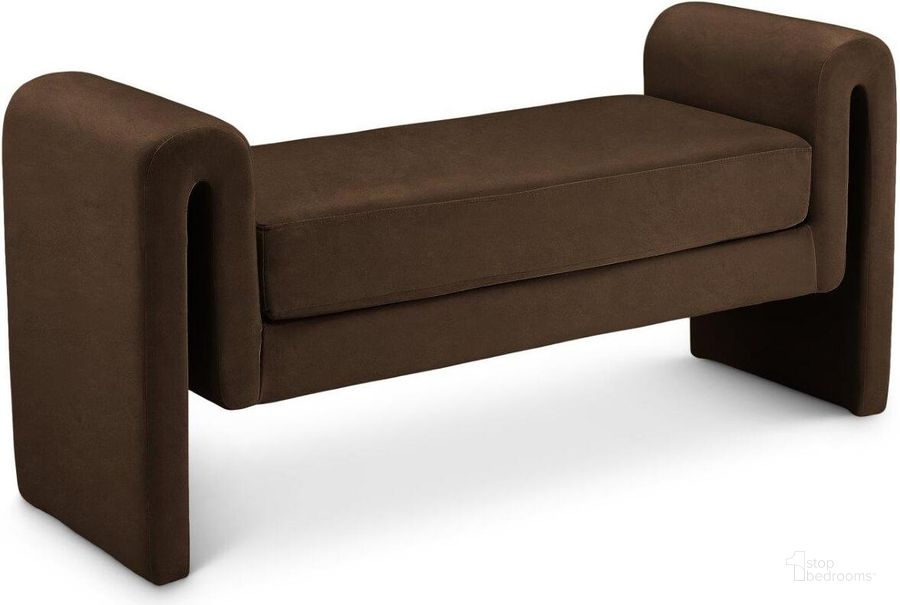 The appearance of Sloan Brown Velvet Bench 181Brown designed by Meridian in the modern / contemporary interior design. This brown velvet piece of furniture  was selected by 1StopBedrooms from Sloan Collection to add a touch of cosiness and style into your home. Sku: 181Brown. Material: Wood. Product Type: Bench. Image1