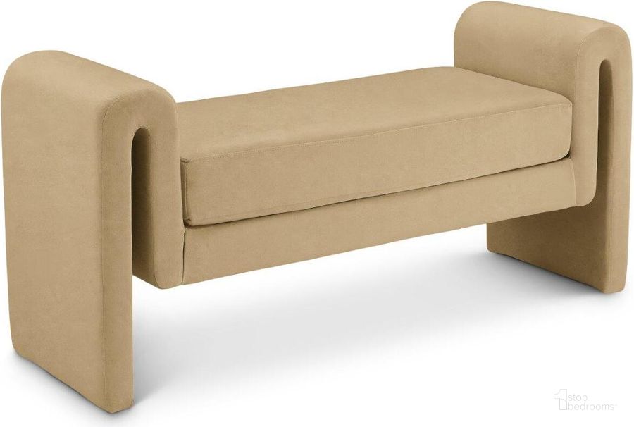 The appearance of Sloan Camel Velvet Bench 181Camel designed by Meridian in the modern / contemporary interior design. This camel piece of furniture  was selected by 1StopBedrooms from Sloan Collection to add a touch of cosiness and style into your home. Sku: 181Camel. Material: Wood. Product Type: Bench. Image1