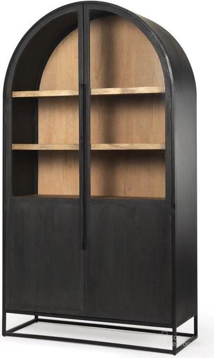 The appearance of Sloan Dark Wood With Black Metal Frame Arch Cabinet designed by Mercana in the modern / contemporary interior design. This black and brown piece of furniture  was selected by 1StopBedrooms from Sloan Collection to add a touch of cosiness and style into your home. Sku: 69885. Material: Wood. Product Type: Curio Cabinet. Image1