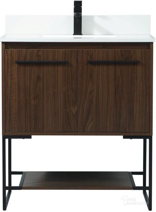 The appearance of Sloane 30 Inch Single Bathroom Vanity In Walnut With Backsplash designed by Elegant Lighting in the transitional interior design. This walnut piece of furniture  was selected by 1StopBedrooms from Sloane Collection to add a touch of cosiness and style into your home. Sku: VF42530MWT-BS. Material: MDF. Product Type: Bathroom Vanity. Image1