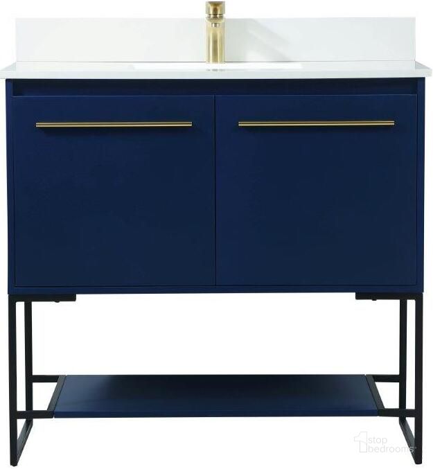 The appearance of Sloane 36 Inch Single Bathroom Vanity In Blue With Backsplash designed by Elegant Lighting in the transitional interior design. This blue piece of furniture  was selected by 1StopBedrooms from Sloane Collection to add a touch of cosiness and style into your home. Sku: VF42536MBL-BS. Material: MDF. Product Type: Bathroom Vanity. Image1