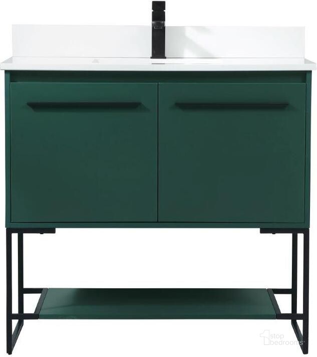 The appearance of Sloane 36 Inch Single Bathroom Vanity In Green With Backsplash designed by Elegant Lighting in the transitional interior design. This green piece of furniture  was selected by 1StopBedrooms from Sloane Collection to add a touch of cosiness and style into your home. Sku: VF42536MGN-BS. Material: MDF. Product Type: Bathroom Vanity. Image1