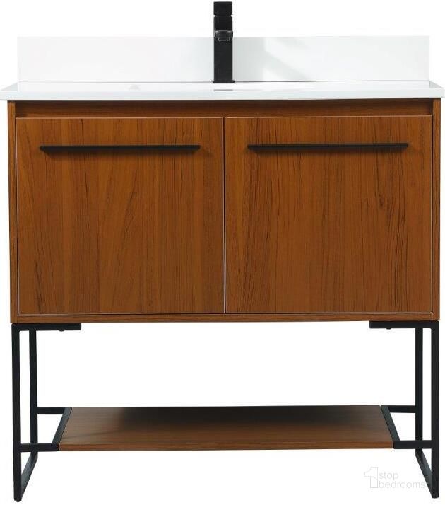 The appearance of Sloane 36 Inch Single Bathroom Vanity In Teak With Backsplash designed by Elegant Lighting in the transitional interior design. This teak piece of furniture  was selected by 1StopBedrooms from Sloane Collection to add a touch of cosiness and style into your home. Sku: VF42536MTK-BS. Material: MDF. Product Type: Bathroom Vanity. Image1