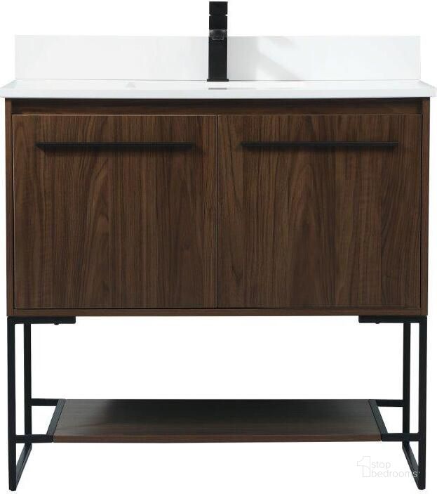 The appearance of Sloane 36 Inch Single Bathroom Vanity In Walnut With Backsplash designed by Elegant Lighting in the transitional interior design. This walnut piece of furniture  was selected by 1StopBedrooms from Sloane Collection to add a touch of cosiness and style into your home. Sku: VF42536MWT-BS. Material: MDF. Product Type: Bathroom Vanity. Image1