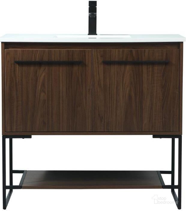 The appearance of Sloane 36 Inch Single Bathroom Vanity In Walnut designed by Elegant Lighting in the transitional interior design. This walnut piece of furniture  was selected by 1StopBedrooms from Sloane Collection to add a touch of cosiness and style into your home. Sku: VF42536MWT. Material: MDF. Product Type: Bathroom Vanity. Image1