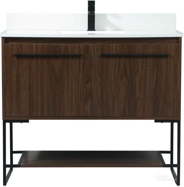 The appearance of Sloane 40 Inch Single Bathroom Vanity In Walnut With Backsplash designed by Elegant Lighting in the transitional interior design. This walnut piece of furniture  was selected by 1StopBedrooms from Sloane Collection to add a touch of cosiness and style into your home. Sku: VF42540MWT-BS. Material: MDF. Product Type: Bathroom Vanity. Image1