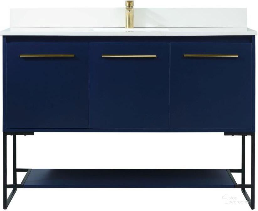 The appearance of Sloane 48 Inch Single Bathroom Vanity In Blue With Backsplash designed by Elegant Lighting in the transitional interior design. This blue piece of furniture  was selected by 1StopBedrooms from Sloane Collection to add a touch of cosiness and style into your home. Sku: VF42548MBL-BS. Material: MDF. Product Type: Bathroom Vanity. Image1