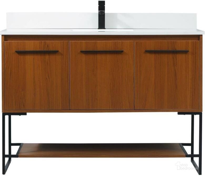 The appearance of Sloane 48 Inch Single Bathroom Vanity In Teak With Backsplash designed by Elegant Lighting in the transitional interior design. This teak piece of furniture  was selected by 1StopBedrooms from Sloane Collection to add a touch of cosiness and style into your home. Sku: VF42548MTK-BS. Material: MDF. Product Type: Bathroom Vanity. Image1