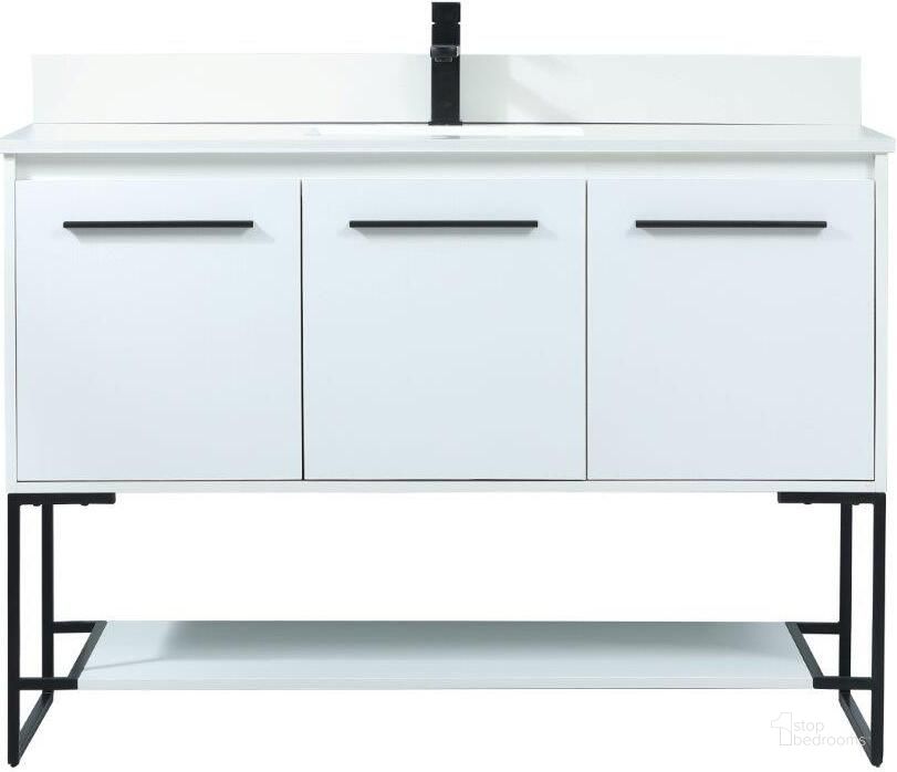 The appearance of Sloane 48 Inch Single Bathroom Vanity In White With Backsplash designed by Elegant Lighting in the transitional interior design. This white piece of furniture  was selected by 1StopBedrooms from Sloane Collection to add a touch of cosiness and style into your home. Sku: VF42548MWH-BS. Material: MDF. Product Type: Bathroom Vanity. Image1
