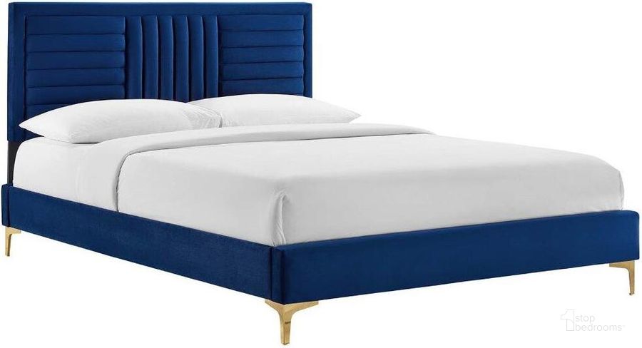 The appearance of Sofia Channel Tufted Performance Velvet Full Platform Bed In Navy MOD-6995-NAV designed by Modway in the transitional interior design. This navy piece of furniture  was selected by 1StopBedrooms from Sofia Collection to add a touch of cosiness and style into your home. Sku: MOD-6995-NAV. Bed Type: Platform Bed. Product Type: Platform Bed. Bed Size: Full. Material: Plywood. Image1