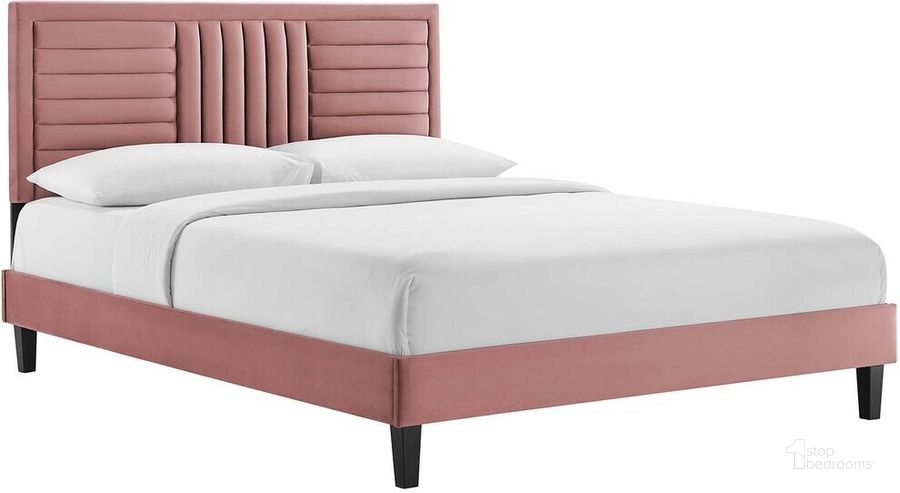 The appearance of Sofia Channel Tufted Performance Velvet King Platform Bed In Dusty Rose designed by Modway in the  interior design. This dusty rose piece of furniture  was selected by 1StopBedrooms from Sofia Collection to add a touch of cosiness and style into your home. Sku: MOD-7015-DUS. Bed Type: Platform Bed. Product Type: Platform Bed. Bed Size: King. Material: MDF. Image1