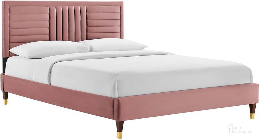 The appearance of Sofia Channel Tufted Performance Velvet King Platform Bed In Dusty Rose designed by Modway in the  interior design. This dusty rose piece of furniture  was selected by 1StopBedrooms from Sofia Collection to add a touch of cosiness and style into your home. Sku: MOD-7011-DUS. Bed Type: Platform Bed. Product Type: Platform Bed. Bed Size: King. Material: MDF. Image1