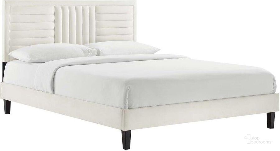 The appearance of Sofia Channel Tufted Performance Velvet Queen Platform Bed In White MOD-6975-WHI designed by Modway in the transitional interior design. This white piece of furniture  was selected by 1StopBedrooms from Sofia Collection to add a touch of cosiness and style into your home. Sku: MOD-6975-WHI. Bed Type: Platform Bed. Material: Fabric. Product Type: Platform Bed. Bed Size: Queen. Image1