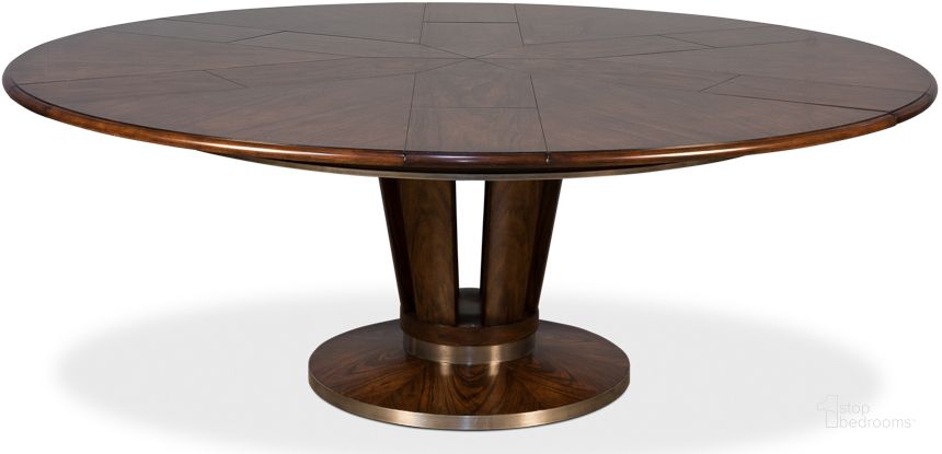 The appearance of Soho Brown Jupe Large Extendable Dining Table designed by Sarreid in the modern / contemporary interior design. This brown piece of furniture  was selected by 1StopBedrooms from Soho Collection to add a touch of cosiness and style into your home. Sku: 78-115. Table Base Style: Pedestal. Table Top Shape: Round. Product Type: Dining Table. Image1
