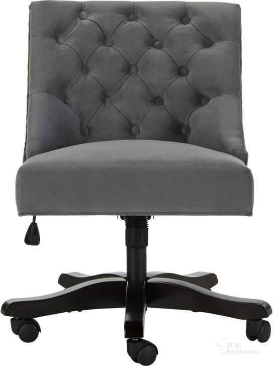 The appearance of Soho Grey Tufted Velvet Swivel Desk Chair designed by Safavieh in the modern / contemporary interior design. This grey piece of furniture  was selected by 1StopBedrooms from Soho Collection to add a touch of cosiness and style into your home. Sku: MCR1030B. Material: Wood. Product Type: Desk Chair. Image1
