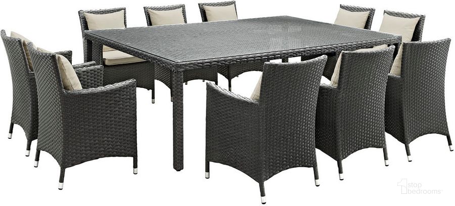 The appearance of Sojourn 11-Piece Outdoor Patio Sunbrella Dining Set In Antique Canvas Beige designed by Modway in the modern / contemporary interior design. This antique canvas beige piece of furniture  was selected by 1StopBedrooms from Sojourn Collection to add a touch of cosiness and style into your home. Sku: EEI-2311-CHC-BEI-SET. Material: Rattan. Product Type: Outdoor Dining Set. Image1