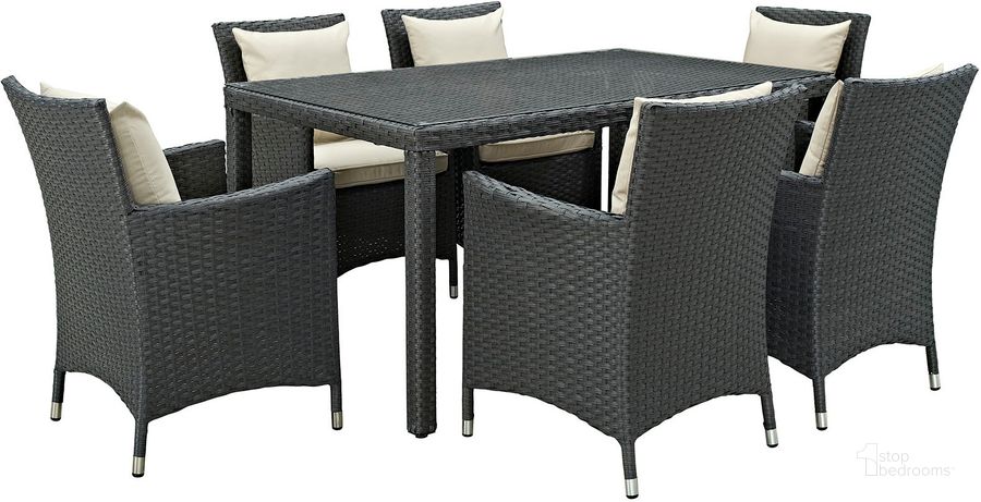 The appearance of Sojourn Antique Canvas Beige 7 Piece Outdoor Patio Sunbrella Dining Set designed by Modway in the modern / contemporary interior design. This antique canvas beige piece of furniture  was selected by 1StopBedrooms from Sojourn Collection to add a touch of cosiness and style into your home. Sku: EEI-2312-CHC-BEI-SET. Table Base Style: Legs. Material: Aluminum. Table Top Shape: Rectangular. Product Type: Outdoor Dining Set. Image1