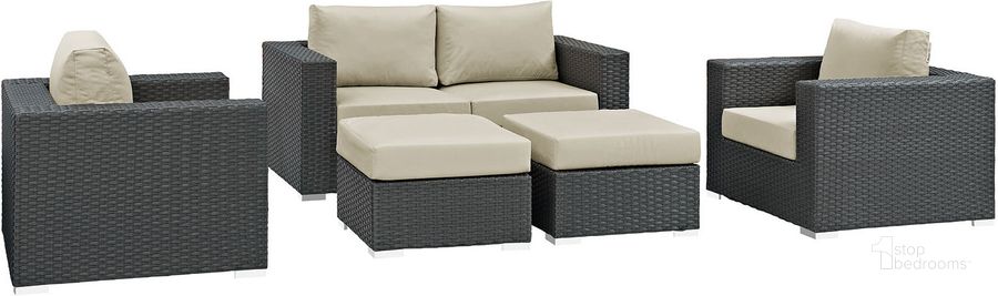 The appearance of Sojourn Canvas Antique Beige 5 Piece Outdoor Patio Sunbrella Sectional Set EEI-1879-CHC-BEI-SET designed by Modway in the modern / contemporary interior design. This canvas antique beige piece of furniture  was selected by 1StopBedrooms from Sojourn Collection to add a touch of cosiness and style into your home. Sku: EEI-1879-CHC-BEI-SET. Material: Rattan. Product Type: Outdoor Sectional. Image1