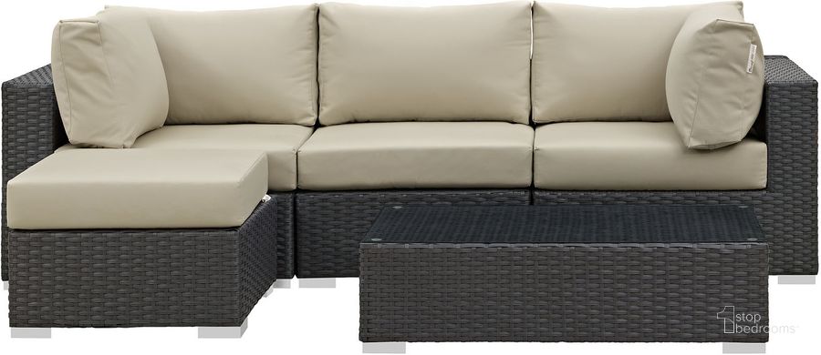 The appearance of Sojourn Canvas Antique Beige 5 Piece Outdoor Patio Sunbrella Sectional Set EEI-1890-CHC-BEI-SET designed by Modway in the modern / contemporary interior design. This canvas antique beige piece of furniture  was selected by 1StopBedrooms from Sojourn Collection to add a touch of cosiness and style into your home. Sku: EEI-1890-CHC-BEI-SET. Material: Rattan. Product Type: Outdoor Sectional. Image1