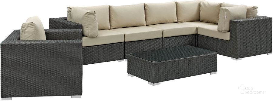 The appearance of Sojourn Canvas Antique Beige 7 Piece Outdoor Patio Sunbrella Sectional Set EEI-1878-CHC-BEI-SET designed by Modway in the modern / contemporary interior design. This canvas antique beige piece of furniture  was selected by 1StopBedrooms from Sojourn Collection to add a touch of cosiness and style into your home. Sku: EEI-1878-CHC-BEI-SET. Material: Rattan. Product Type: Outdoor Sectional. Image1