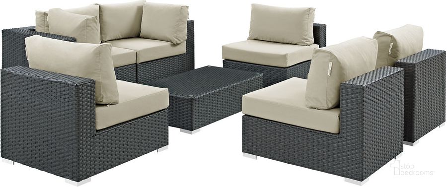The appearance of Sojourn Canvas Antique Beige 7 Piece Outdoor Patio Sunbrella Sectional Set EEI-1883-CHC-BEI-SET designed by Modway in the modern / contemporary interior design. This canvas antique beige piece of furniture  was selected by 1StopBedrooms from Sojourn Collection to add a touch of cosiness and style into your home. Sku: EEI-1883-CHC-BEI-SET. Material: Rattan. Product Type: Outdoor Sectional. Image1