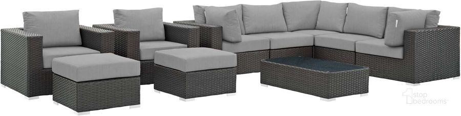 The appearance of Sojourn Canvas Gray 10 Piece Outdoor Patio Sunbrella Sectional Set designed by Modway in the modern / contemporary interior design. This canvas gray piece of furniture  was selected by 1StopBedrooms from Sojourn Collection to add a touch of cosiness and style into your home. Sku: EEI-1888-CHC-GRY-SET. Material: Rattan. Product Type: Outdoor Sectional. Image1