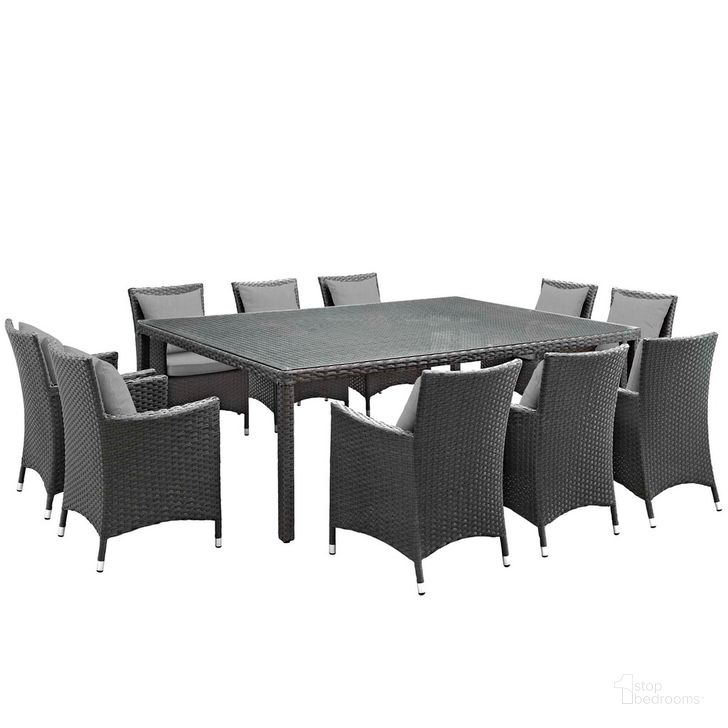 The appearance of Sojourn 11-Piece Outdoor Patio Sunbrella Dining Set In Canvas Gray designed by Modway in the modern / contemporary interior design. This canvas gray piece of furniture  was selected by 1StopBedrooms from Sojourn Collection to add a touch of cosiness and style into your home. Sku: EEI-2311-CHC-GRY-SET. Material: Rattan. Product Type: Outdoor Dining Set. Image1