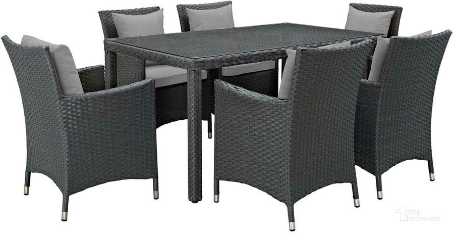 The appearance of Sojourn 7-Piece Outdoor Patio Sunbrella Dining Set In Canvas Gray designed by Modway in the modern / contemporary interior design. This canvas gray piece of furniture  was selected by 1StopBedrooms from Sojourn Collection to add a touch of cosiness and style into your home. Sku: EEI-2312-CHC-GRY-SET. Material: Rattan. Product Type: Outdoor Dining Set. Image1