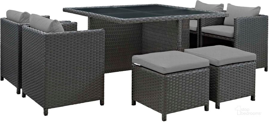 The appearance of Sojourn Canvas Gray 9 Piece Outdoor Patio Sunbrella Dining Set EEI-1946-CHC-GRY-SET designed by Modway in the modern / contemporary interior design. This canvas gray piece of furniture  was selected by 1StopBedrooms from Sojourn Collection to add a touch of cosiness and style into your home. Sku: EEI-1946-CHC-GRY-SET. Table Base Style: Pedestal. Table Top Shape: Square. Material: Rattan. Product Type: Outdoor Dining Set. Image1