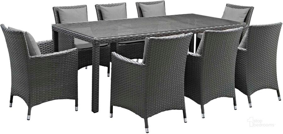 The appearance of Sojourn Canvas Gray 9 Piece Outdoor Patio Sunbrella Dining Set EEI-2309-CHC-GRY-SET designed by Modway in the modern / contemporary interior design. This canvas gray piece of furniture  was selected by 1StopBedrooms from Sojourn Collection to add a touch of cosiness and style into your home. Sku: EEI-2309-CHC-GRY-SET. Table Base Style: Legs. Material: Aluminum. Table Top Shape: Rectangular. Product Type: Outdoor Dining Set. Image1