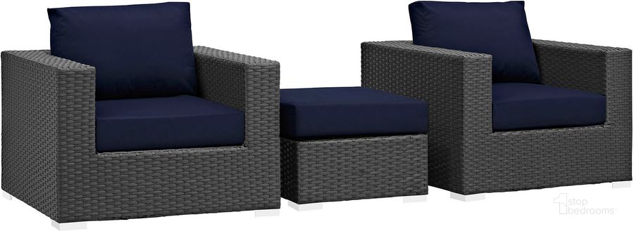 The appearance of Sojourn Canvas Navy 3 Piece Outdoor Patio Sunbrella Sectional Set EEI-1891-CHC-NAV-SET designed by Modway in the modern / contemporary interior design. This canvas navy piece of furniture  was selected by 1StopBedrooms from Sojourn Collection to add a touch of cosiness and style into your home. Sku: EEI-1891-CHC-NAV-SET. Material: Rattan. Product Type: Outdoor Sectional. Image1