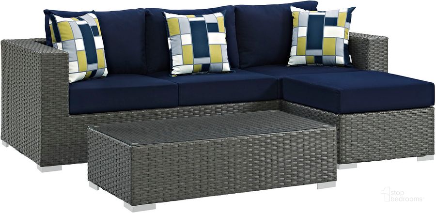 The appearance of Sojourn Canvas Navy 3 Piece Outdoor Patio Sunbrella Sectional Set EEI-2384-CHC-NAV-SET designed by Modway in the modern / contemporary interior design. This canvas navy piece of furniture  was selected by 1StopBedrooms from Sojourn Collection to add a touch of cosiness and style into your home. Sku: EEI-2384-CHC-NAV-SET. Material: Rattan. Product Type: Outdoor Sectional. Image1