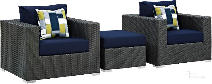 The appearance of Sojourn Canvas Navy 3 Piece Outdoor Patio Sunbrella Sectional Set EEI-2386-CHC-NAV-SET designed by Modway in the modern / contemporary interior design. This canvas navy piece of furniture  was selected by 1StopBedrooms from Sojourn Collection to add a touch of cosiness and style into your home. Sku: EEI-2386-CHC-NAV-SET. Material: Rattan. Product Type: Outdoor Sectional. Image1