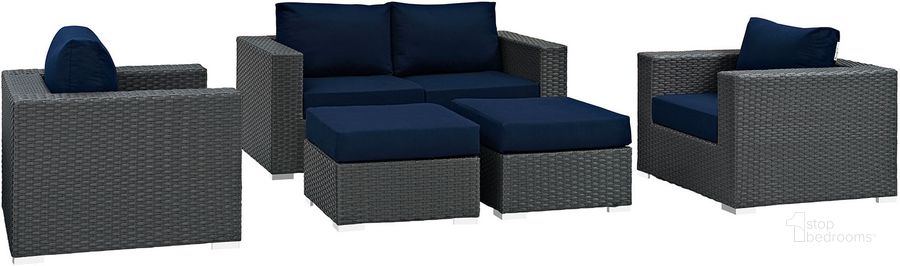 The appearance of Sojourn Canvas Navy 5 Piece Outdoor Patio Sunbrella Sectional Set EEI-1879-CHC-NAV-SET designed by Modway in the modern / contemporary interior design. This canvas navy piece of furniture  was selected by 1StopBedrooms from Sojourn Collection to add a touch of cosiness and style into your home. Sku: EEI-1879-CHC-NAV-SET. Material: Rattan. Product Type: Outdoor Sectional. Image1