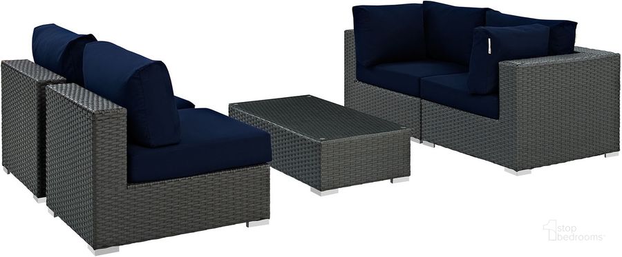 The appearance of Sojourn Canvas Navy 5 Piece Outdoor Patio Sunbrella Sectional Set EEI-1882-CHC-NAV-SET designed by Modway in the modern / contemporary interior design. This canvas navy piece of furniture  was selected by 1StopBedrooms from Sojourn Collection to add a touch of cosiness and style into your home. Sku: EEI-1882-CHC-NAV-SET. Material: Rattan. Product Type: Outdoor Sectional. Image1