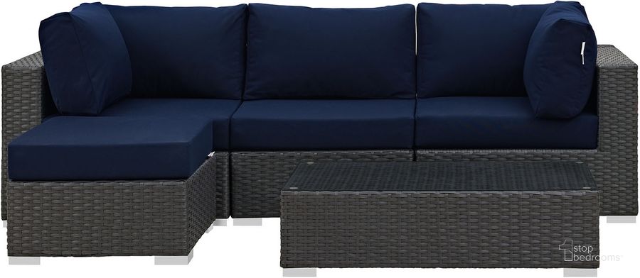 The appearance of Sojourn Canvas Navy 5 Piece Outdoor Patio Sunbrella Sectional Set EEI-1890-CHC-NAV-SET designed by Modway in the modern / contemporary interior design. This canvas navy piece of furniture  was selected by 1StopBedrooms from Sojourn Collection to add a touch of cosiness and style into your home. Sku: EEI-1890-CHC-NAV-SET. Material: Rattan. Product Type: Outdoor Sectional. Image1